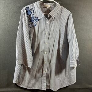woman within top 1x 24 blue stripe embroidered plus nautical button stretch